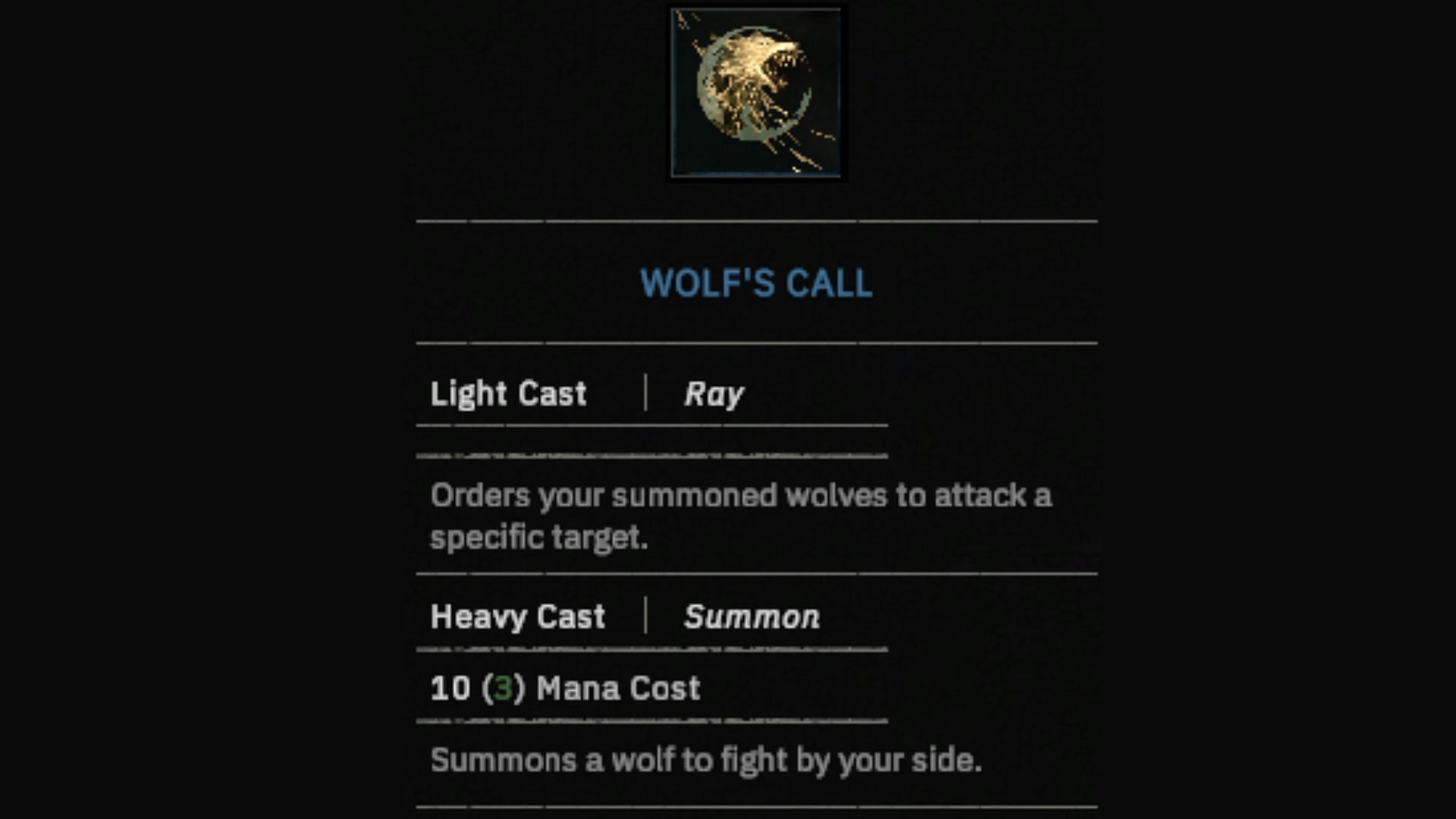 Stats on Wolf’s Call spell in Tainted Grail The Fall of Avalon (Image via Awaken Realms)